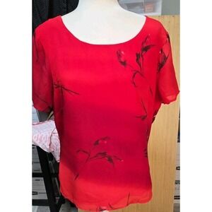 Mary McFadden Sz 14 Ladies‎ Red Lined Blouse Tapered Waist Black Sketched Roses